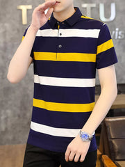 Men's navy, white, and yellow striped cotton polo shirt with buttoned placket.