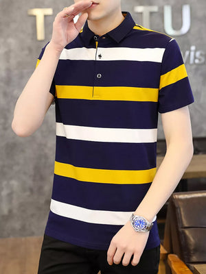 Men's navy, white, and yellow striped cotton polo shirt with buttoned placket.