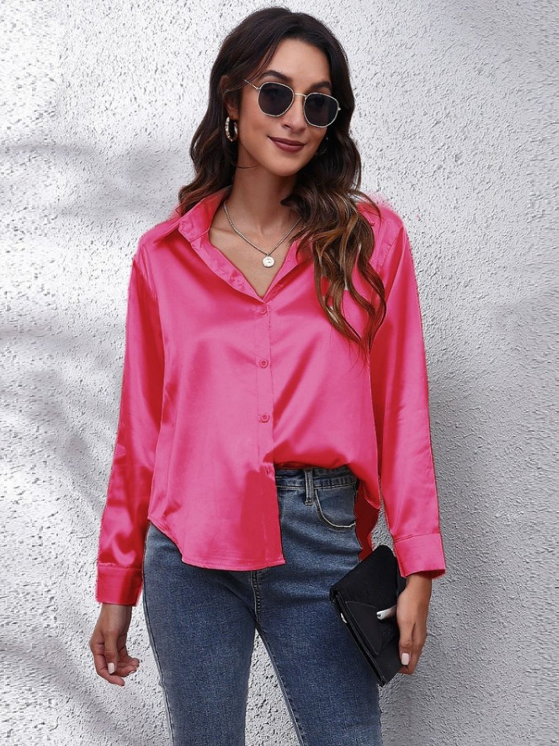 Luxe satin collared button-down shirt in vibrant pink with a relaxed fit.