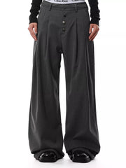 Charcoal pinstripe wide-leg maternity trousers with button-front detail and pleats.