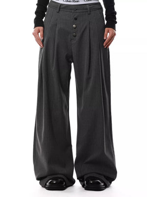 Charcoal pinstripe wide-leg maternity trousers with button-front detail and pleats.