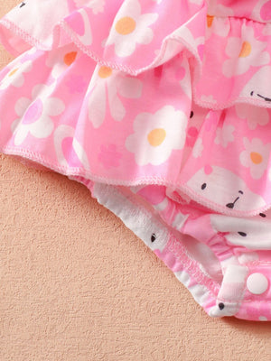 Pink ruffled baby bodysuit with white daisy print and bear faces, cotton.