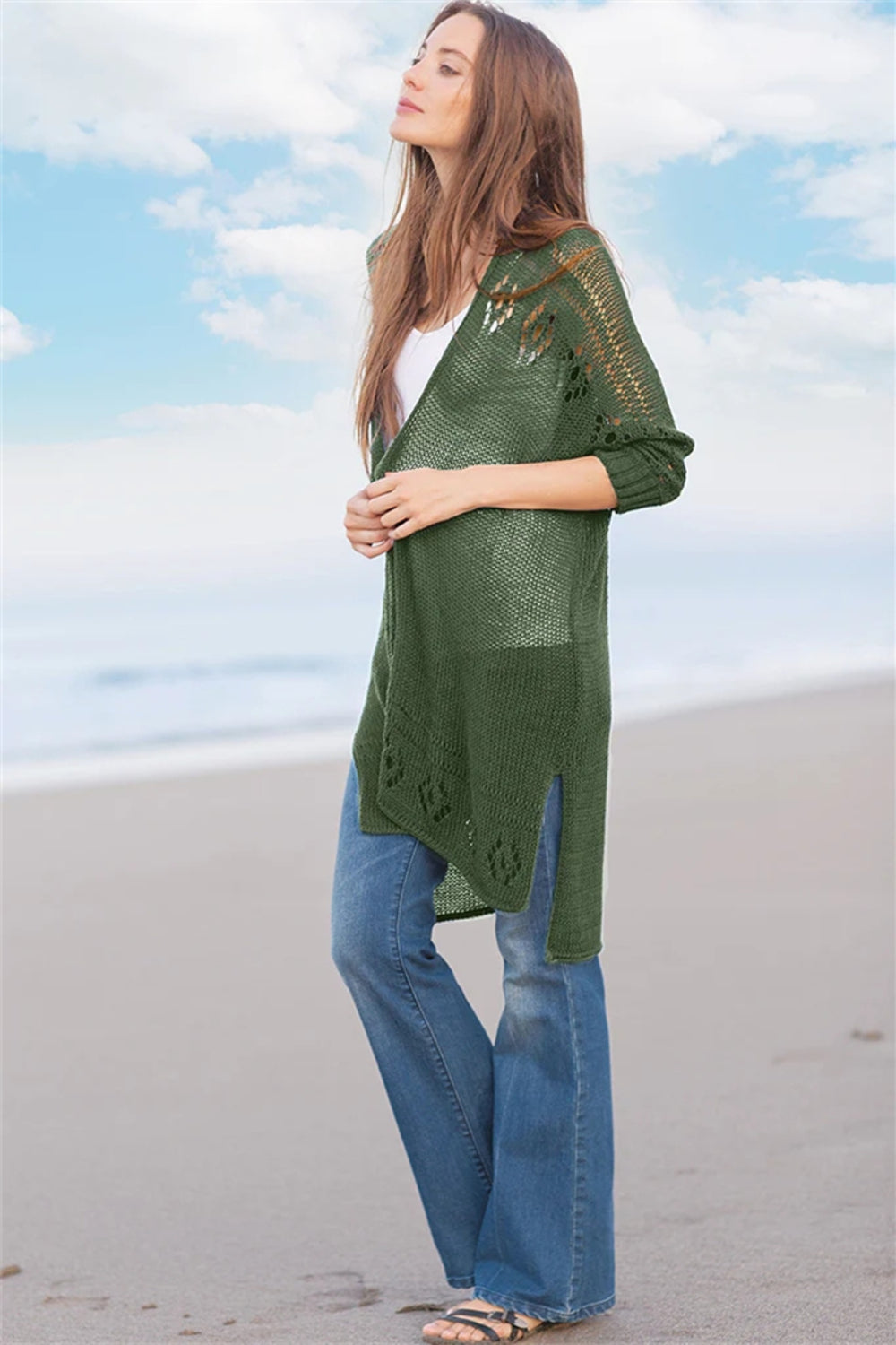 Open-knit Army Green cardigan with slit hem and diamond pattern detail.