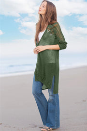 Open-knit Army Green cardigan with slit hem and diamond pattern detail.
