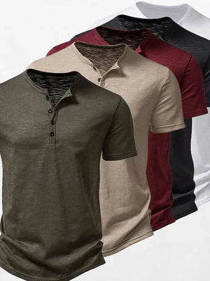 Henley tee with textured fabric and button placket in Army Green, Khaki, Burgundy, Black, and White.