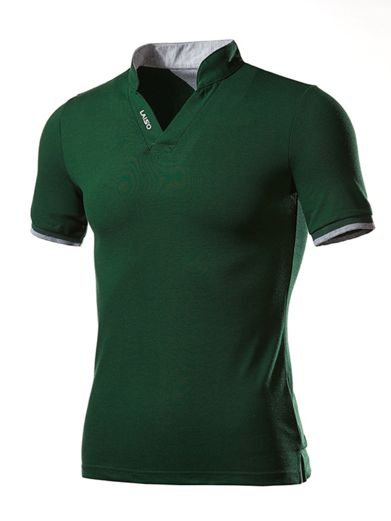 Green cotton men's undershirt with notched V-neck and grey trim on collar and sleeves.