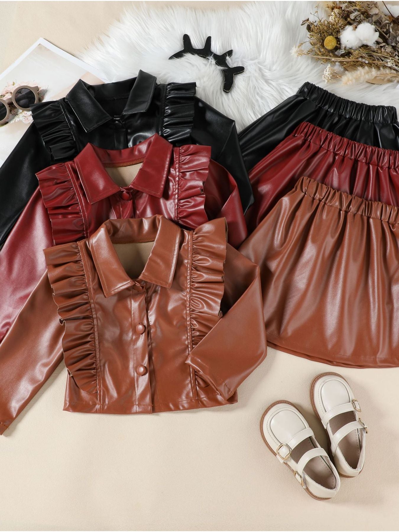 Brown faux leather toddler set with ruffled collar and button-down front