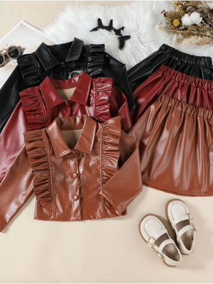 Brown faux leather toddler set with ruffled collar and button-down front