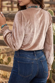 Western Style Long Sleeve Stand Neck Velvet Top, side view