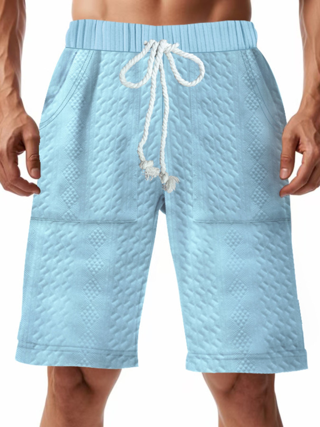 Light blue quilted texture drawstring chino shorts with diamond pattern.