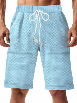 Light blue quilted texture drawstring chino shorts with diamond pattern.