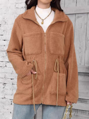 Teddy fleece utility jacket in caramel with drawstring waist and chest pockets