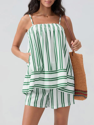 White and green striped smocked cami and shorts set with pockets