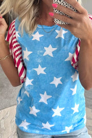 Patriotic t-shirt with blue star print and red striped ruffle sleeves.