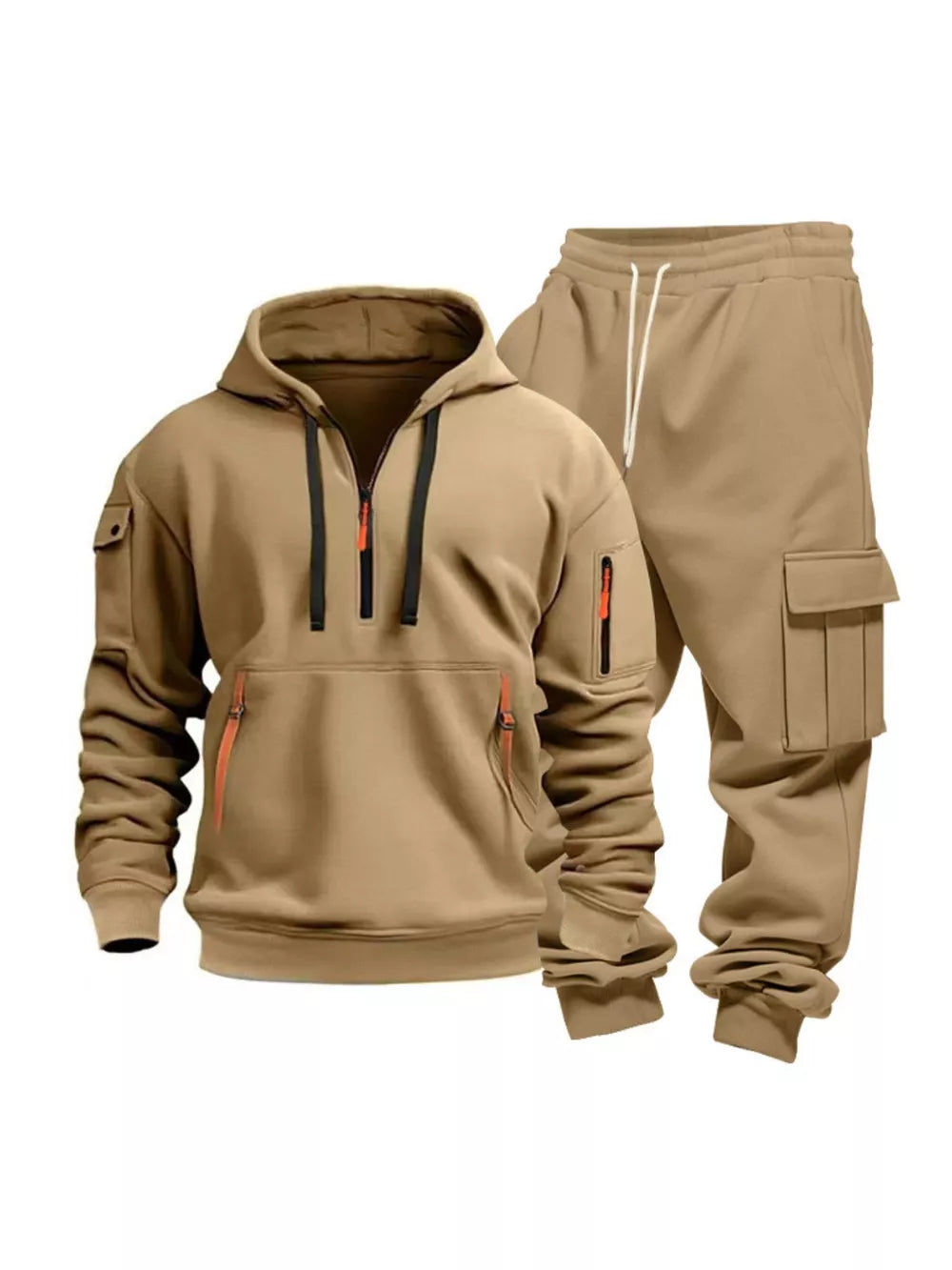 Camel half-zip hoodie with orange zipper accents and cargo sweatpants set.