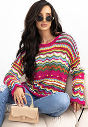 Multicolor crochet wave knit sweater with open knit details and flared sleeves.