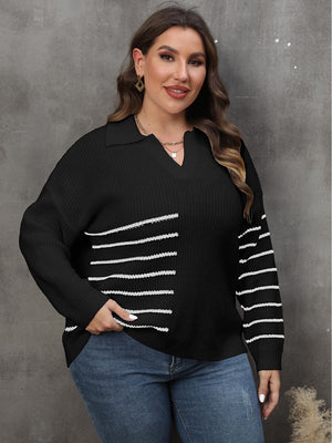 Black knit sweater with collar detail and white horizontal stripes on chest and sleeves.