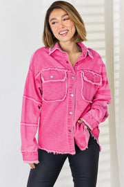 Hot pink denim overshirt with frayed patchwork details and chest pockets.