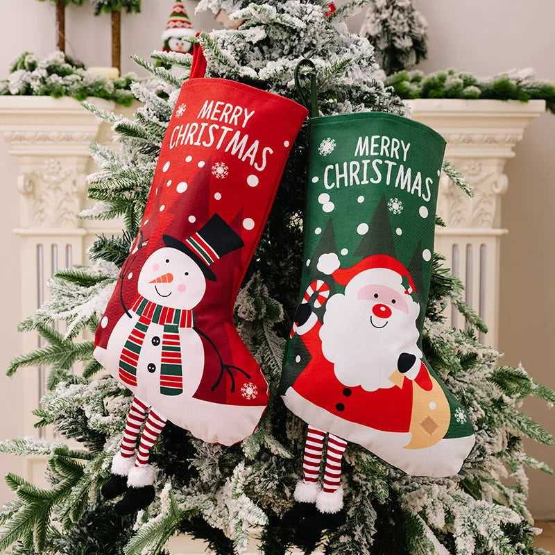 Animated Christmas stockings with 3D snowman and Santa Claus details.