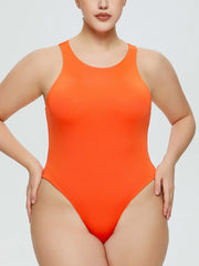 Orange tank bodysuit with high-cut legs and a scoop neck.