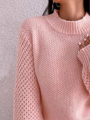 Textured puff sleeve mock neck knit sweater in Dusty Pink acrylic with a waffle knit pattern.