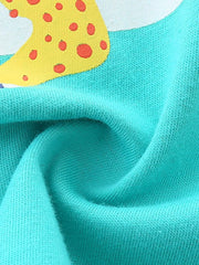 Baby t-shirt in aqua blue cotton with a playful yellow and orange animal print detail.
