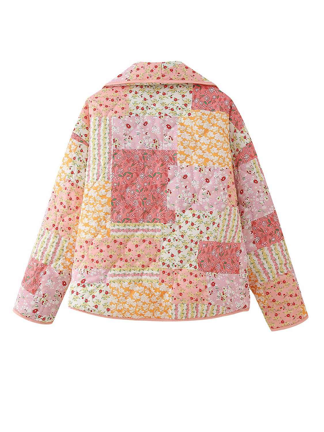 Floral quilted patchwork jacket in pink and orange hues with a collared neckline.