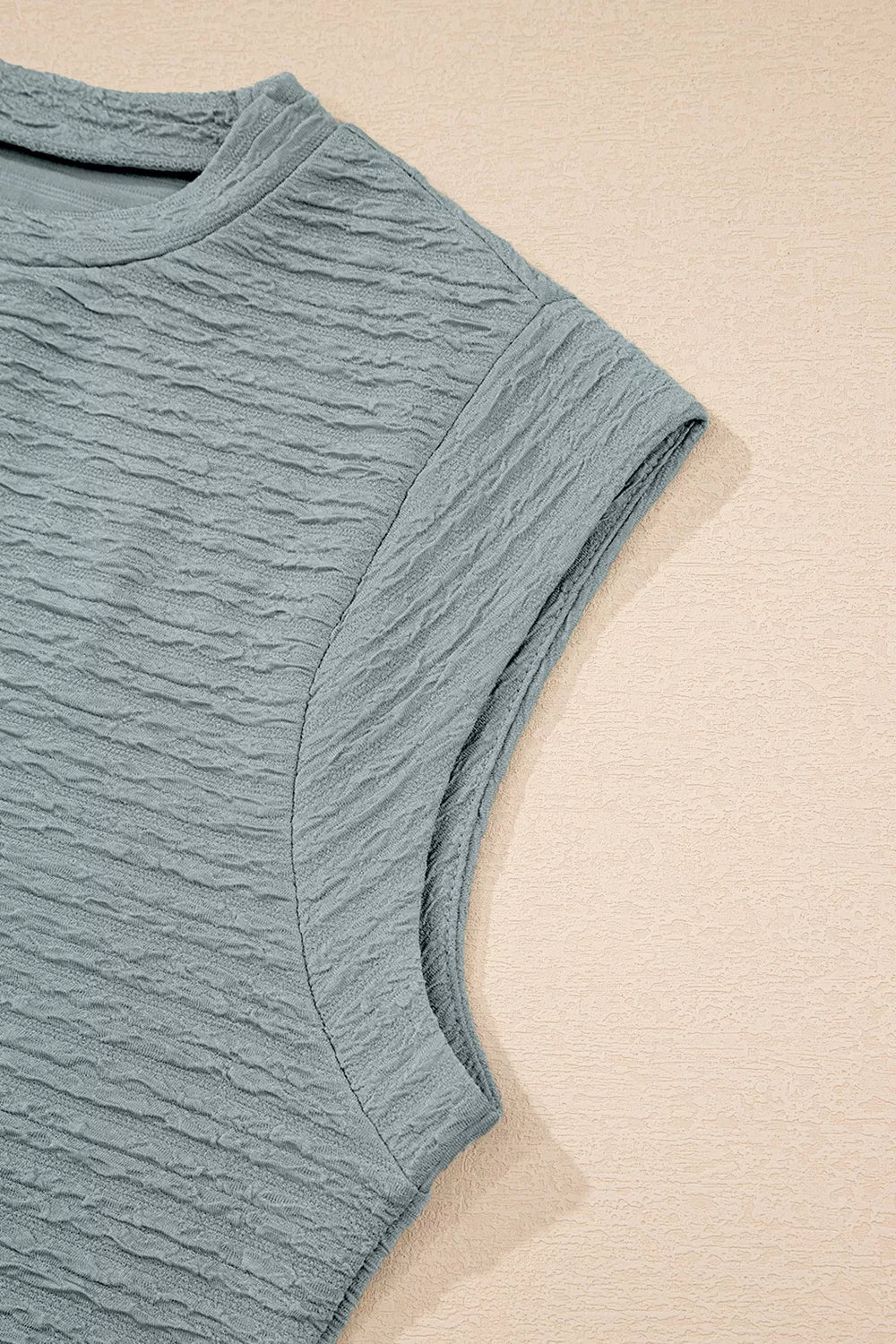 Textured crew neck t-shirt in air force blue with cap sleeves