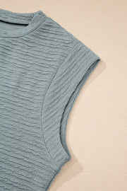 Textured crew neck t-shirt in air force blue with cap sleeves