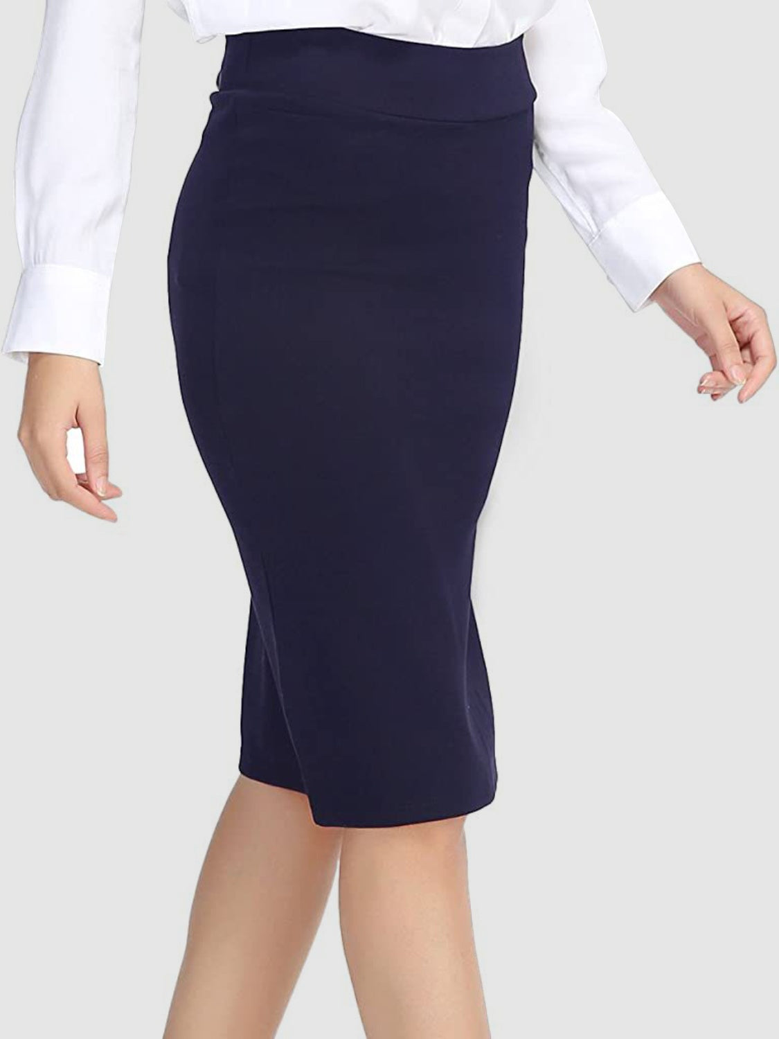 Dark blue pencil skirt with a high waist and a smooth, sculpted fit.