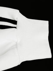 White zip-up hoodie with black stripes on sleeve and textured cuff