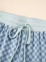 Light blue checkerboard loungewear shorts with drawstring waist