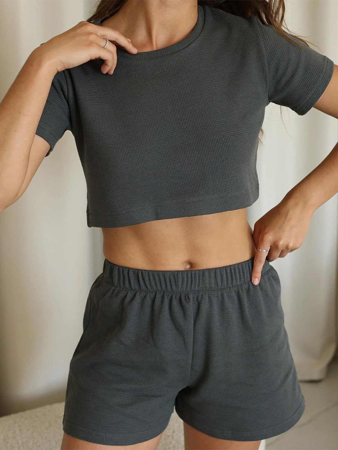Dark Gray waffle knit crop top and shorts set with elastic waistband.