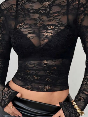 Sheer Lace Long Sleeve Top in Black, side view