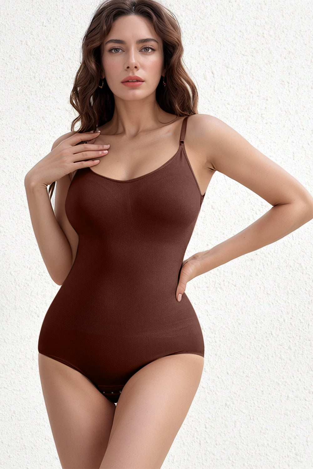 Brown ribbed contour shaping bodysuit with adjustable straps and a V-neck.