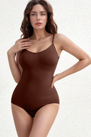 Brown ribbed contour shaping bodysuit with adjustable straps and a V-neck.