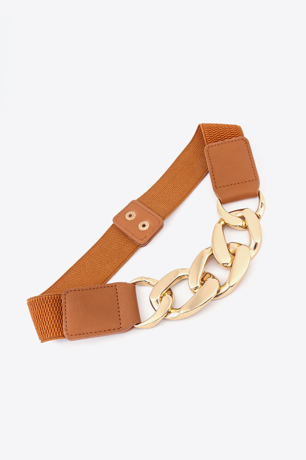 Ochre elastic belt with chunky gold chain detail and faux leather accents