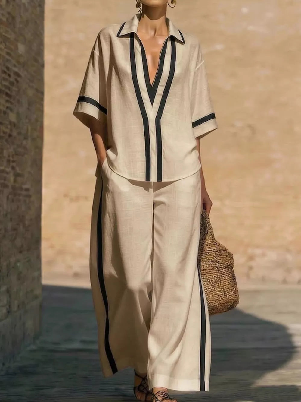 Contrast Trim Two-piece Top And Pants Set Plus Size, fabric detail