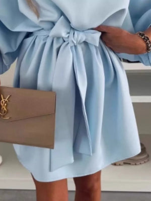 Light blue batwing sleeve mini dress with tie waist detail