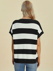Black and white striped knit top with cap sleeves and a crew neck.