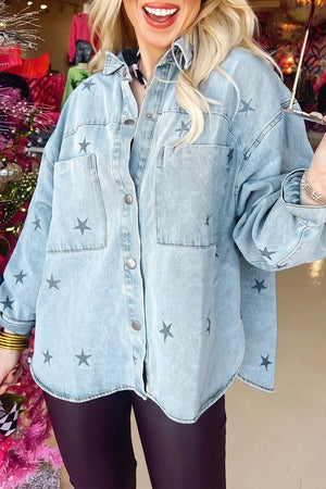 Light Wash Star Print Denim Jacket in Light Blue, close-up detail
