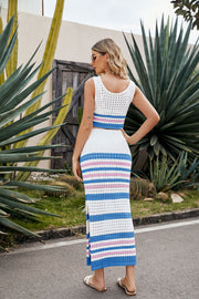 Open-knit stripe midi co-ord set with white crop top and matching skirt, featuring blue and pink stripes.