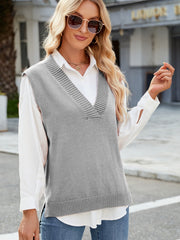 Gray ribbed knit v-neck sweater vest with striped neckline detail, acrylic material.