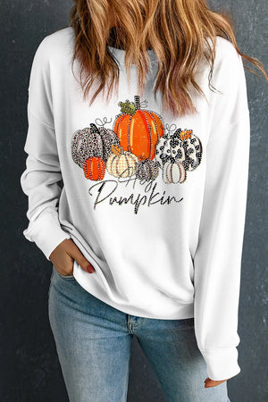 White graphic sweatshirt with a pumpkin patch print and "Happy Pumpkin" text.