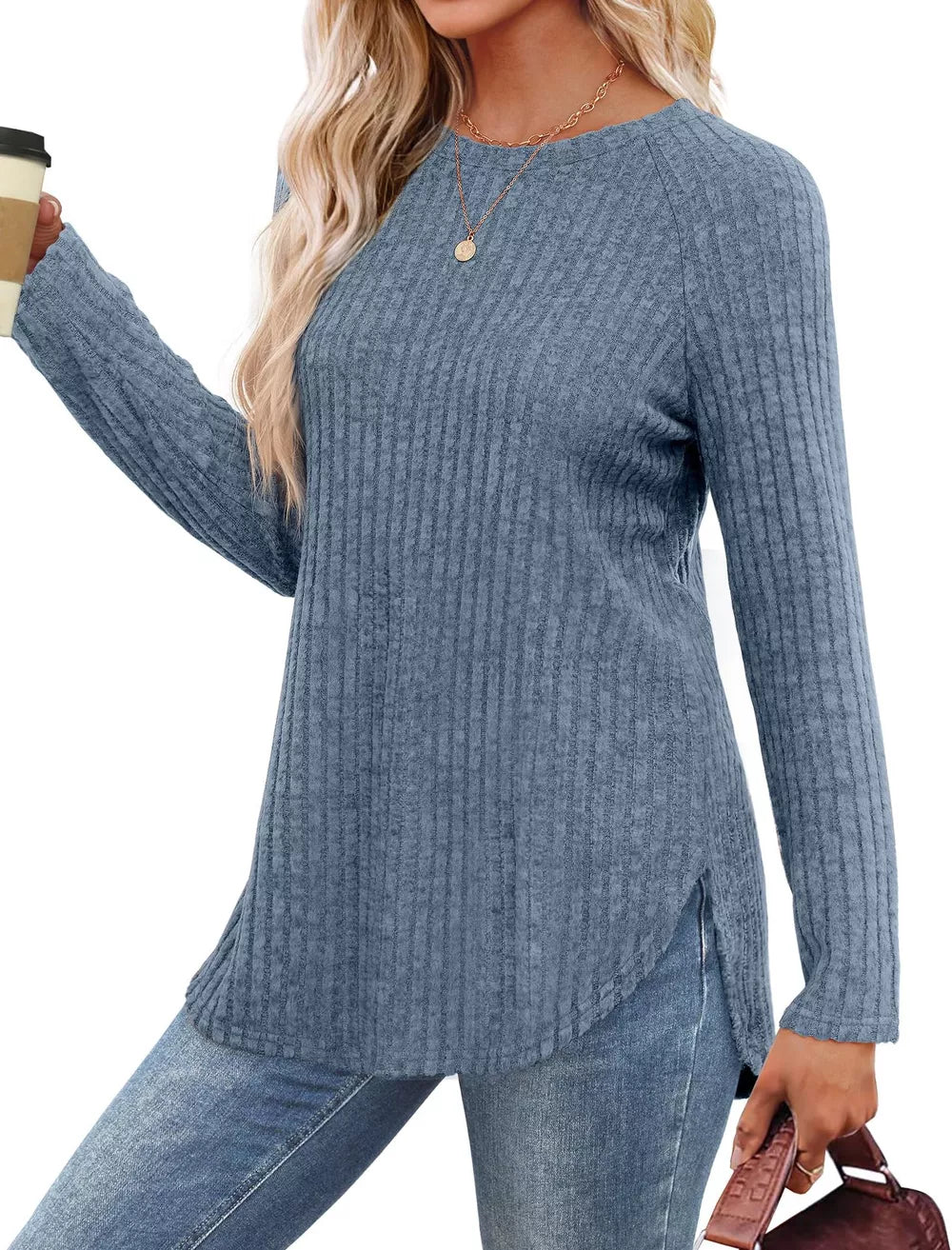 Light Blue ribbed knit long sleeve maternity t-shirt with crew neck and side slits.