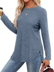 Light Blue ribbed knit long sleeve maternity t-shirt with crew neck and side slits.