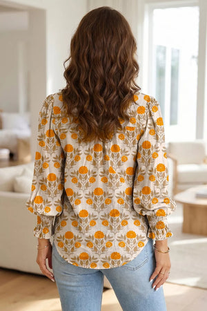 Floral Print V Neck Long Sleeve Top in Sherbet, model styling view