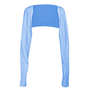 Ribbed knit shrug with extended sleeves in Misty Blue, featuring a cropped fit and long sleeves.