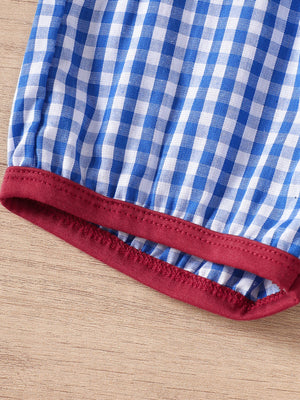 Baby set with blue and white gingham pattern and red trim detail