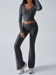 Dark Gray Cross-Front Flare Lounge Set with long sleeves and flared pants.